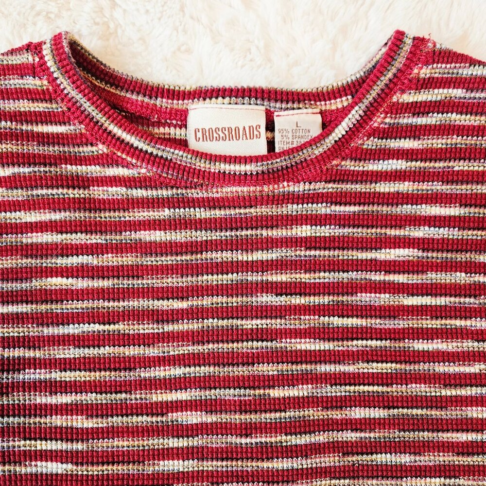 Crossroads Women's Vintage Short-sleeved Knit T-shirt Striped Red Size L